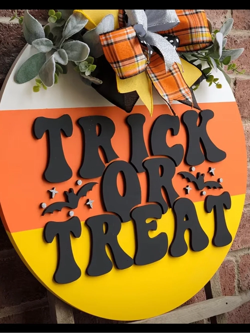 Retro 70’s Style Trick or Treat Candy Corn Door Hanger - Orange, Yellow & Bows